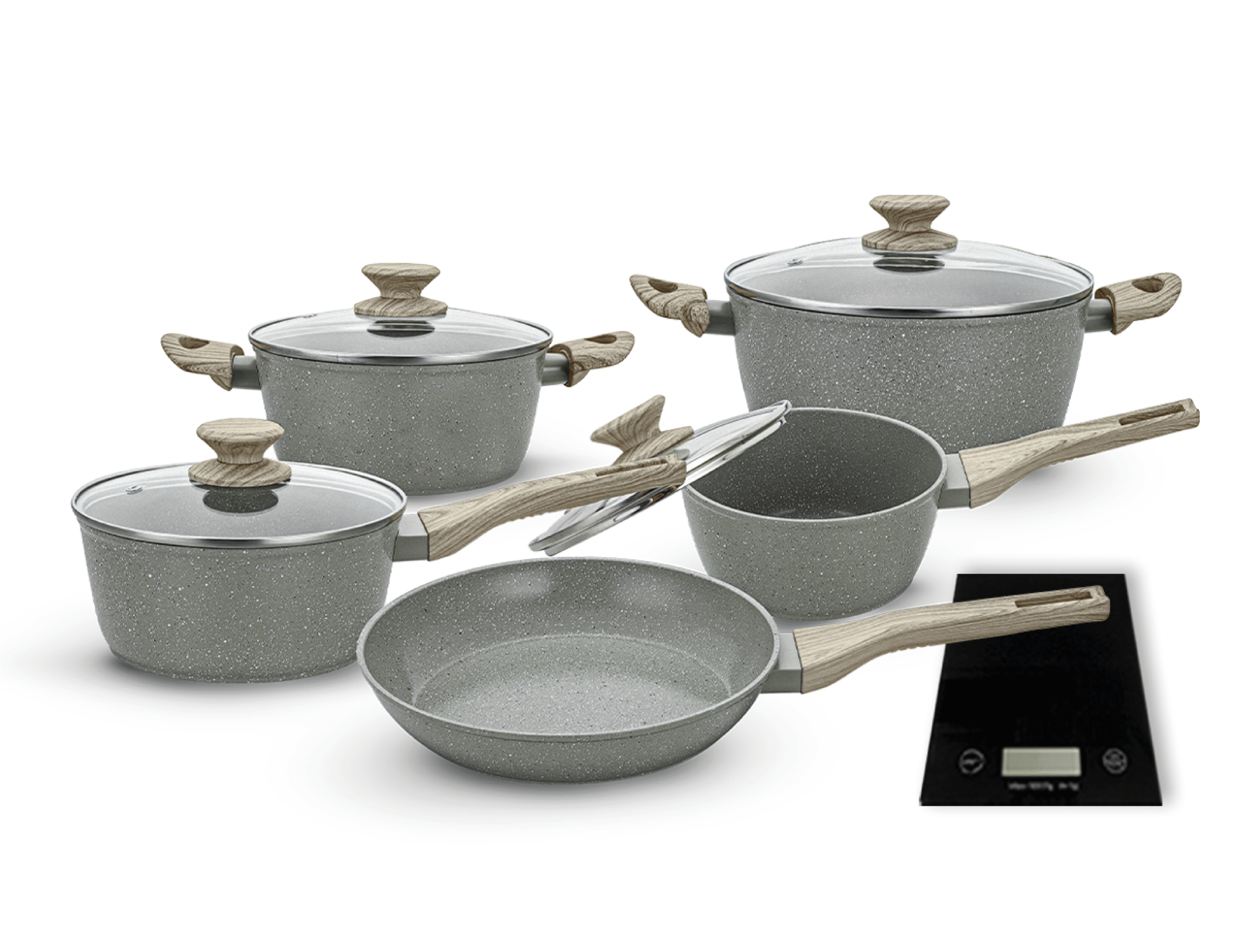 CONJUNTO DE PANELAS 5 PEÇAS COM REVESTIMENTO CERÂMICO + BALANÇA DIGITAL - CAPPUCCINO