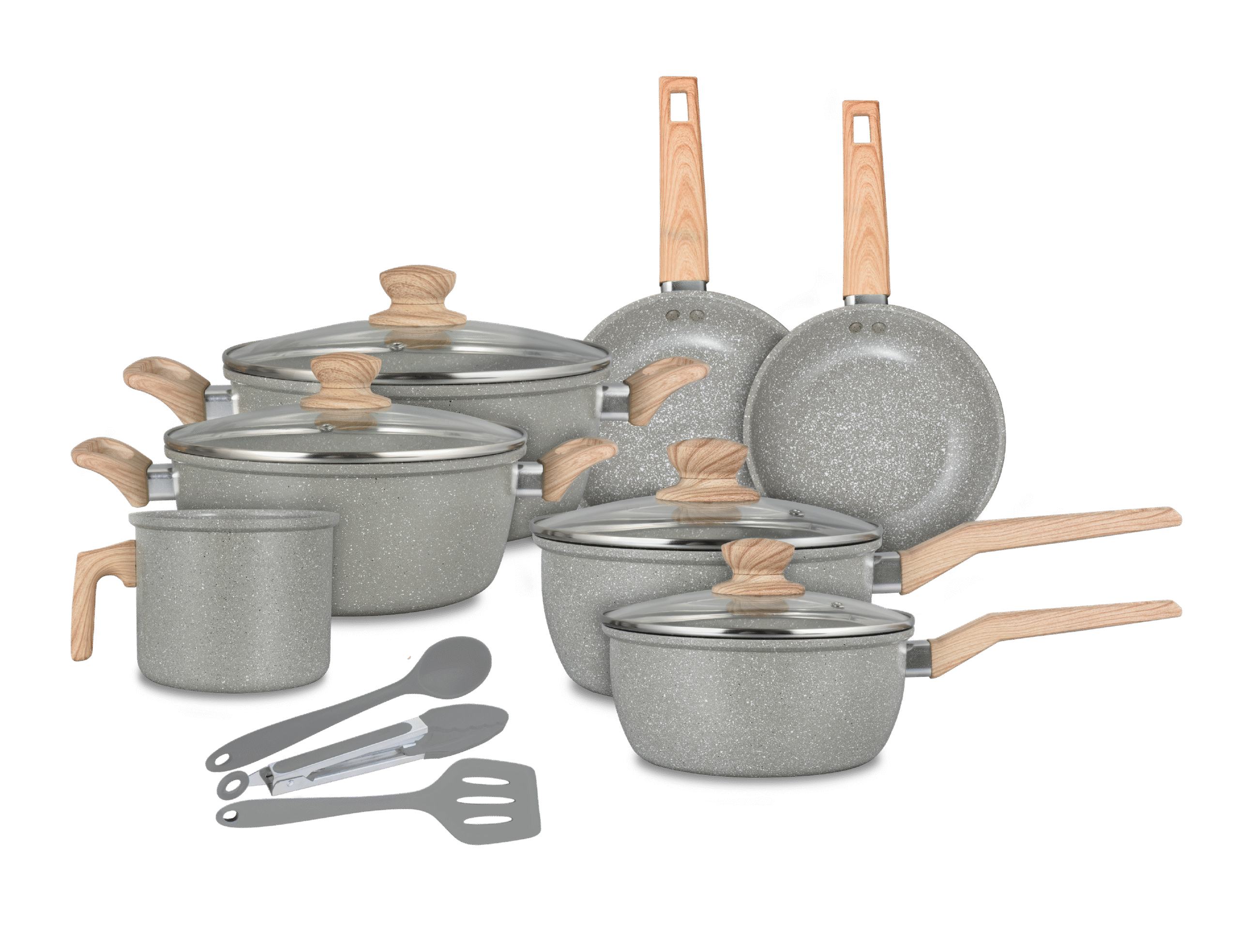 JOGO DE PANELAS COM REVESTIMENTO CERÂMICO ANTIADERENTE E ACESSÓRIOS EM SILICONE 10 PEÇAS MARBLE LIFE DARK GREY GRAY - NEUHAUS